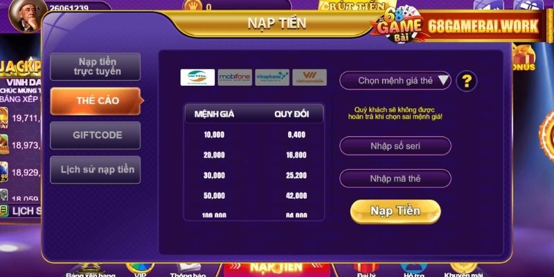 Lưu ý quan trọng khi thực hiện giao dịch nạp tiền tại 68GAMEBAI